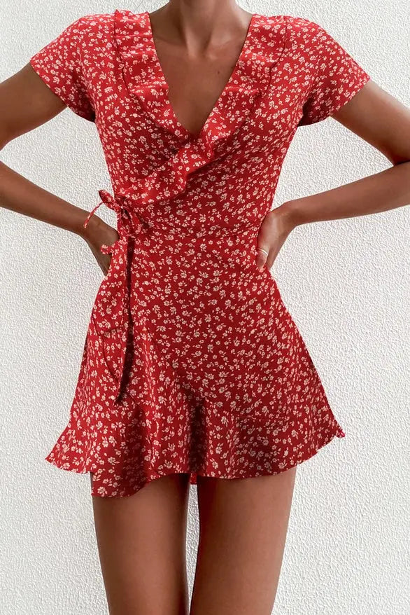 Summer Women’s Floal A-Line Dress Sweet Elegant Floral Ruffles V-neck Bandage Short Dress nowadaysfashion