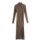 Long Sleeves High-Neck Elastic Midi Dress Lady Knit Sweater Dresses nowadaysfashion