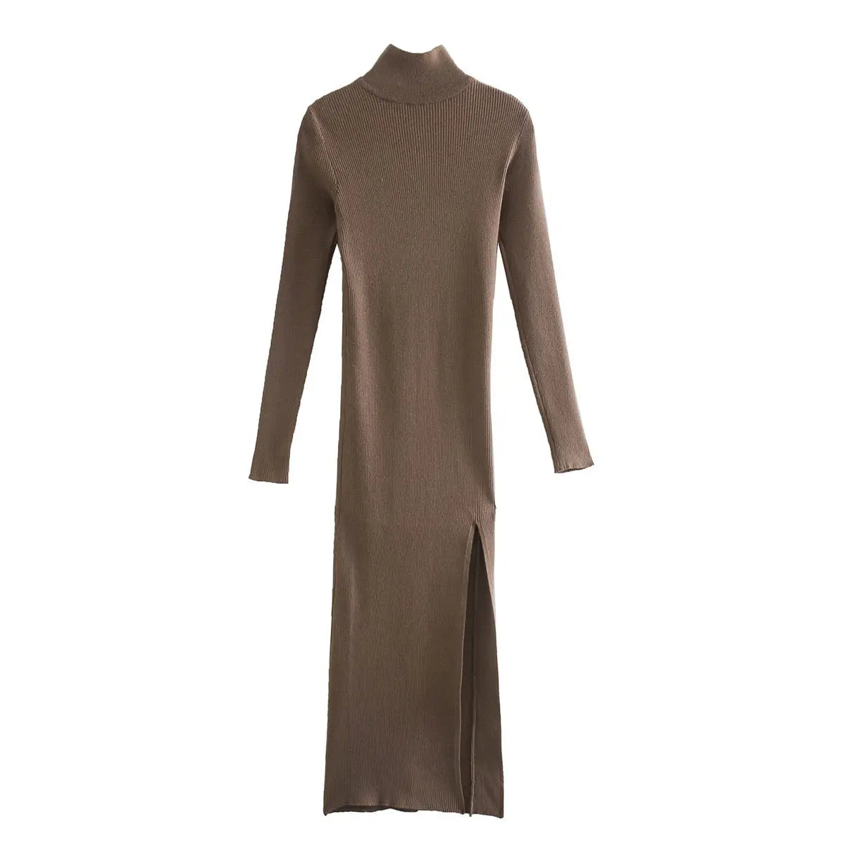 Long Sleeves High-Neck Elastic Midi Dress Lady Knit Sweater Dresses nowadaysfashion