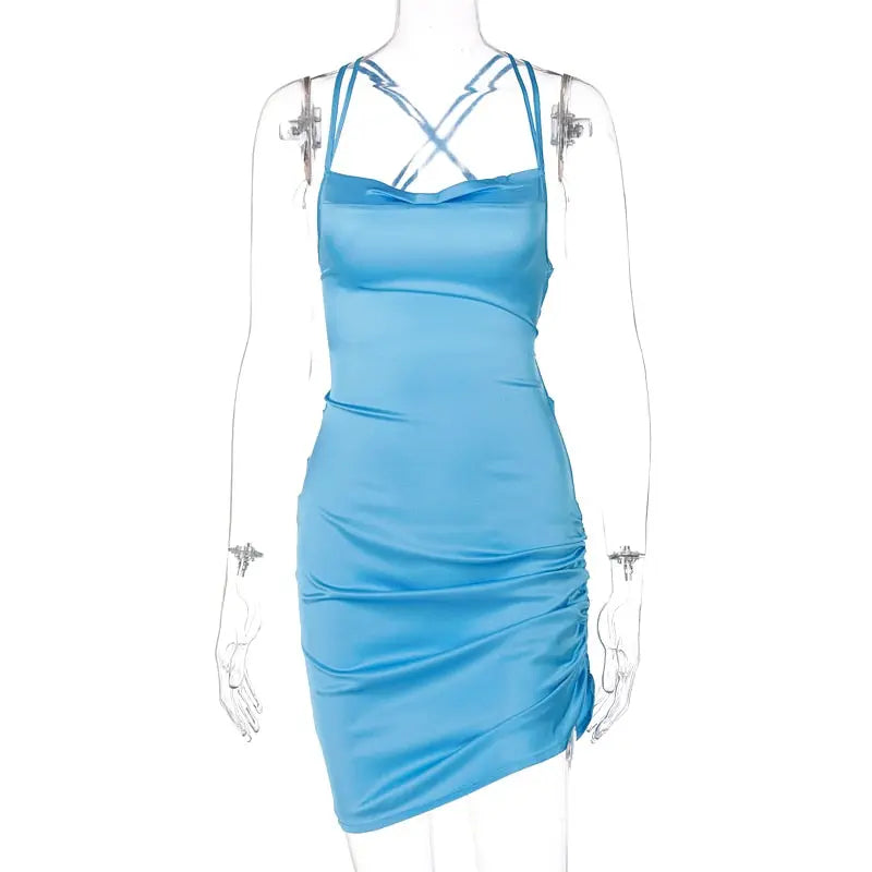 Satin Women Strap Mini Dress Ruched Lace Up Cross Bandage Backless Bodycon Sexy Party Elegant nowadaysfashion