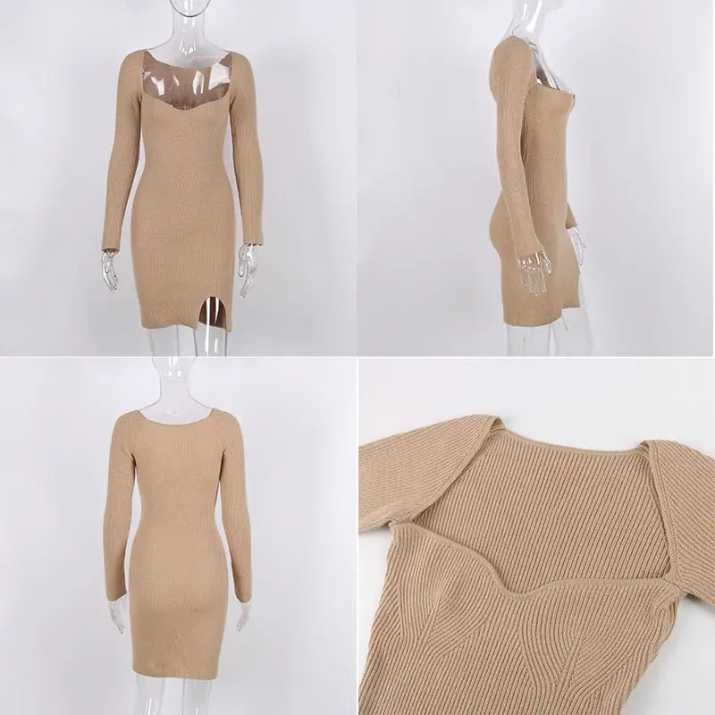 2022 Knitted Green Midi Sexy Bodycon Women Dress Spring Long Sleeve Off Shoulder Split Sweater Dresses nowadaysfashion