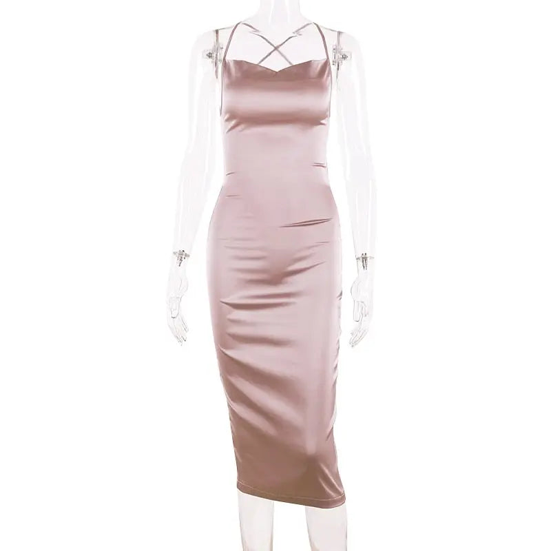 neon satin lace up 2022 summer women bodycon long midi dress sleeveless backless elegant party nowadaysfashion