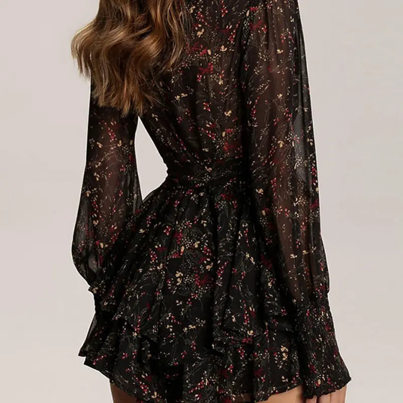 Spring Vintage Perspective Floral Print Dress Women Long Sleeve Chiffon A Line Mini Dress Vestidos nowadaysfashion