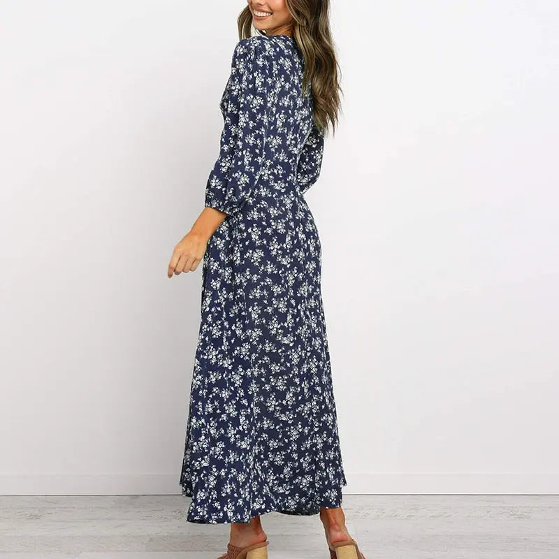 Women Chiffon Long Dress Floral Print Lantern Sleeve A-line Maxi Vestidos Vintage V Neck Dresses nowadaysfashion