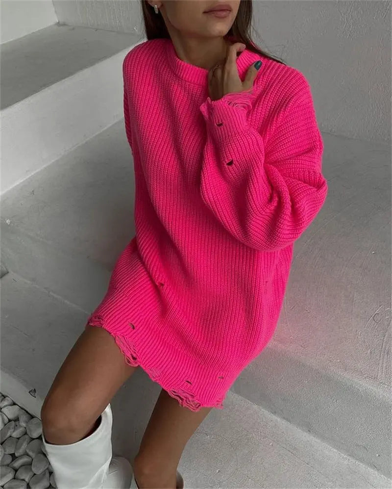 O Neck Oversized Mini Knitted Women Sweater Loose Dresses Autumn Winter Long Sleeve nowadaysfashion
