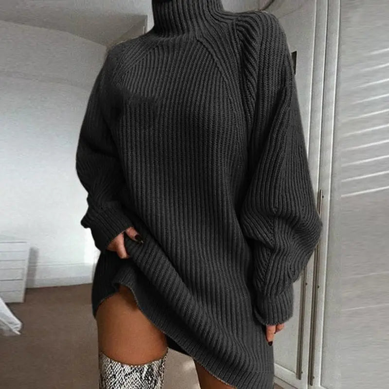 Women Turtleneck Oversized Knitted Dress Solid Long Sleeve Casual Elegant Mini Sweater Dress Plus Size nowadaysfashion