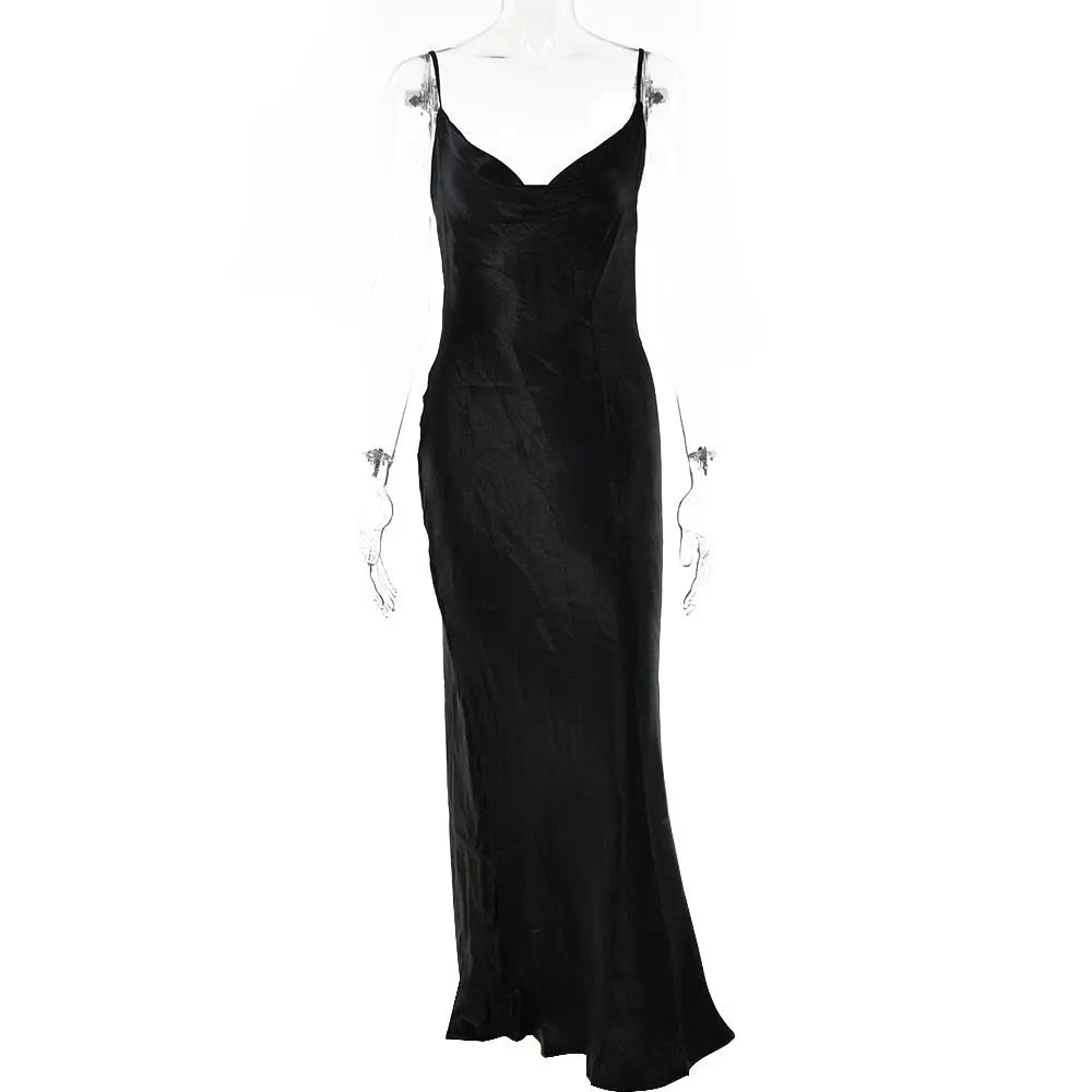 Spaghetti Strap Backless Summer Dress Women Satin Lace Up Trumpet Long Bodycon Dresses nowadaysfashion