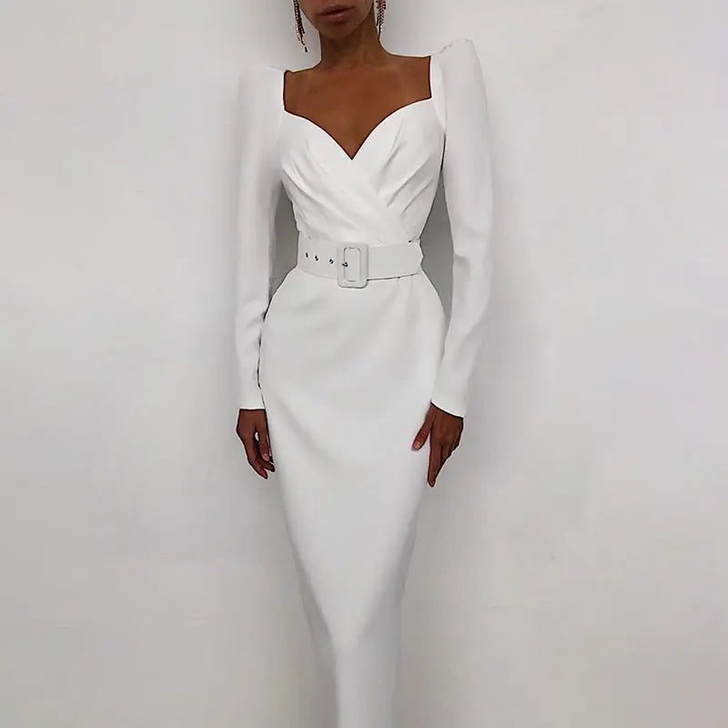 Slim V Neck Long Sleeve Mid Calf Pencil Dress 2022 Casual Office Lady Solid Red Puff Sleeve nowadaysfashion