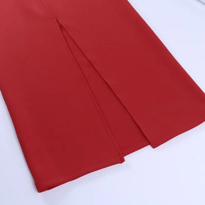 Slim V Neck Long Sleeve Mid Calf Pencil Dress 2022 Casual Office Lady Solid Red Puff Sleeve nowadaysfashion