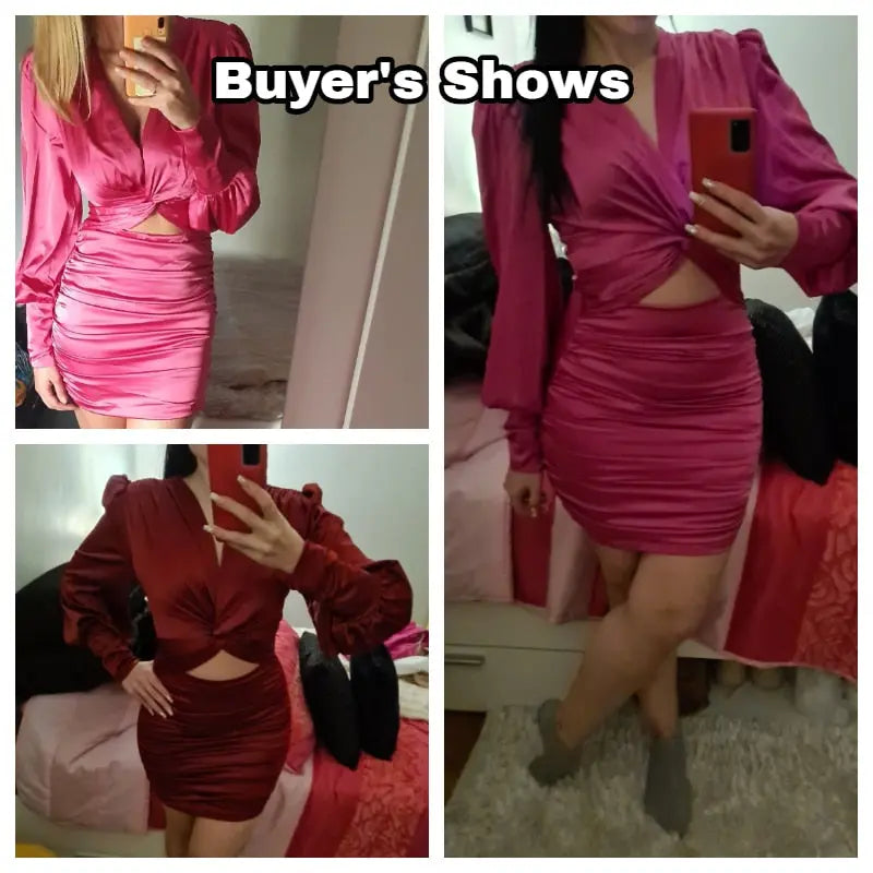deep v neck bodycon dress Party club hollow out mini dress Elegant lantern sleeve satin dress nowadaysfashion