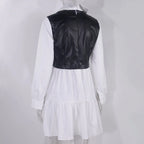 Long Sleeve Mini Shirt Dress For Women White 2022 Spring PU Leather Patchwork Plaid Dresses nowadaysfashion