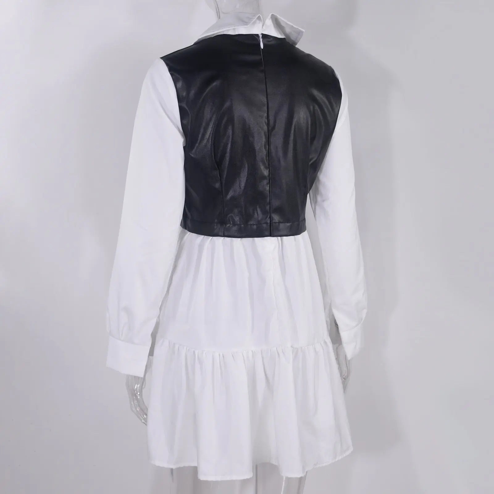 Long Sleeve Mini Shirt Dress For Women White 2022 Spring PU Leather Patchwork Plaid Dresses nowadaysfashion