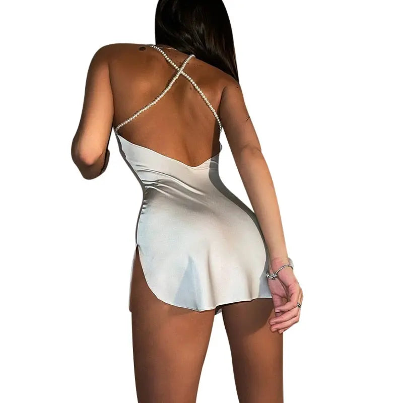 Silk Strap Mini Dresses Backless Solid Color Criss Front Pearl Sexy Summer Sexy Party nowadaysfashion