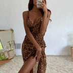 Leopard Print V-Neck Sexy Bodycon Long Dress Women Lace Up Backless Straps Beach Vestidos nowadaysfashion