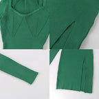 2022 Knitted Green Midi Sexy Bodycon Women Dress Spring Long Sleeve Off Shoulder Split Sweater Dresses nowadaysfashion