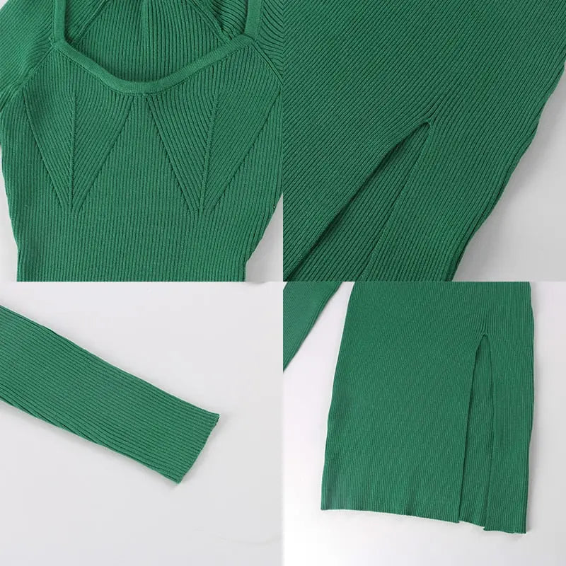 2022 Knitted Green Midi Sexy Bodycon Women Dress Spring Long Sleeve Off Shoulder Split Sweater Dresses nowadaysfashion