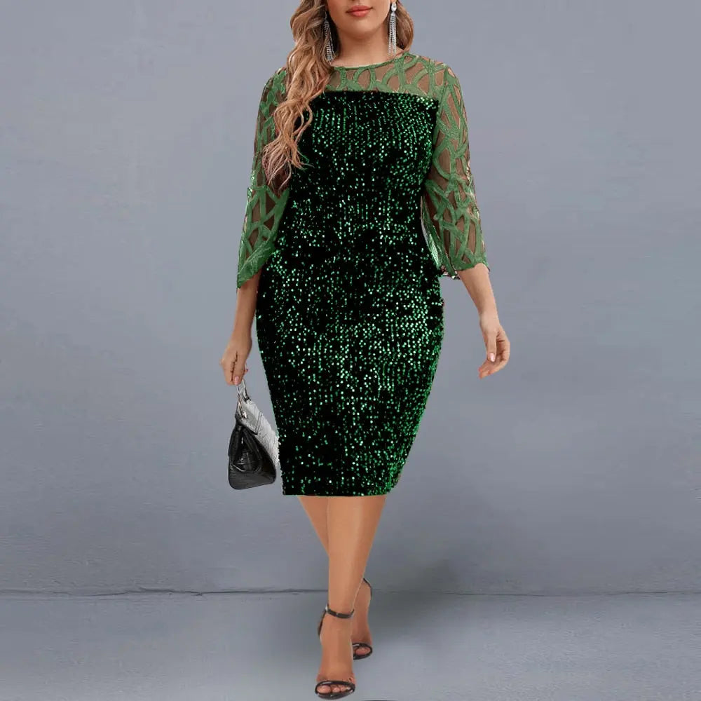 Elegant Sequin Evening Party Dresses 2022 Spring Mesh Patchwork Casual Midi Dress nowadaysfashion
