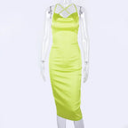 neon satin lace up 2022 summer women bodycon long midi dress sleeveless backless elegant party nowadaysfashion