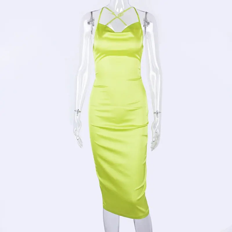 neon satin lace up 2022 summer women bodycon long midi dress sleeveless backless elegant party nowadaysfashion