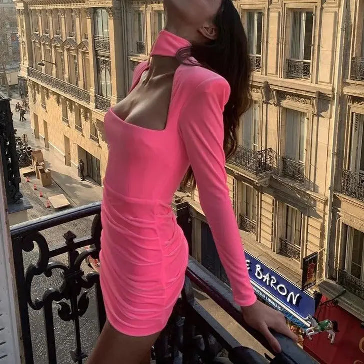 Velvet Women High Neck Long Sleeve Mini Dress Ruched Hollow Out Shoulder Pad Bodycon nowadaysfashion