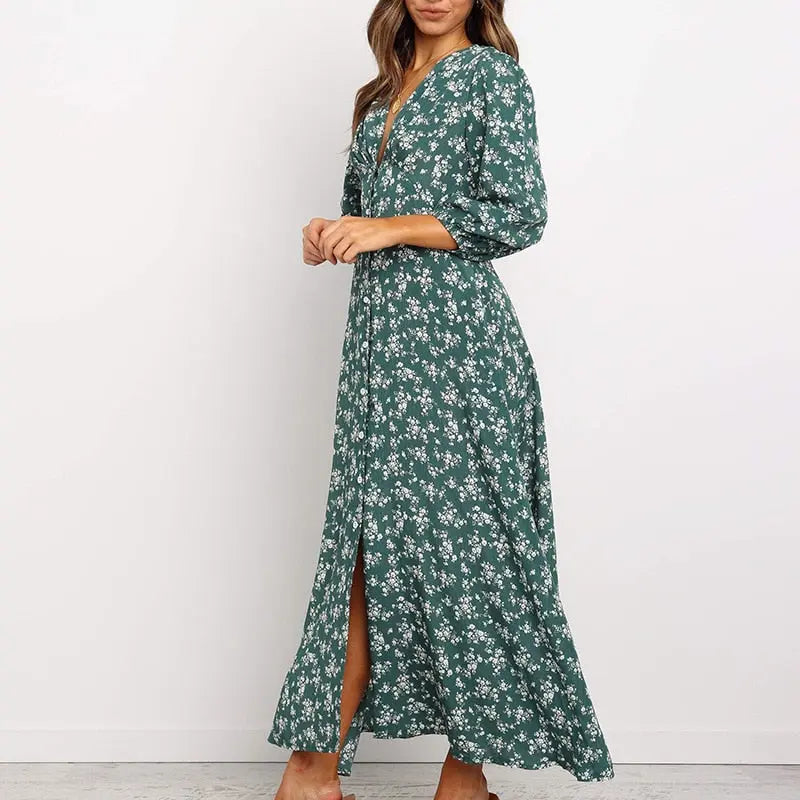 Women Chiffon Long Dress Floral Print Lantern Sleeve A-line Maxi Vestidos Vintage V Neck Dresses nowadaysfashion