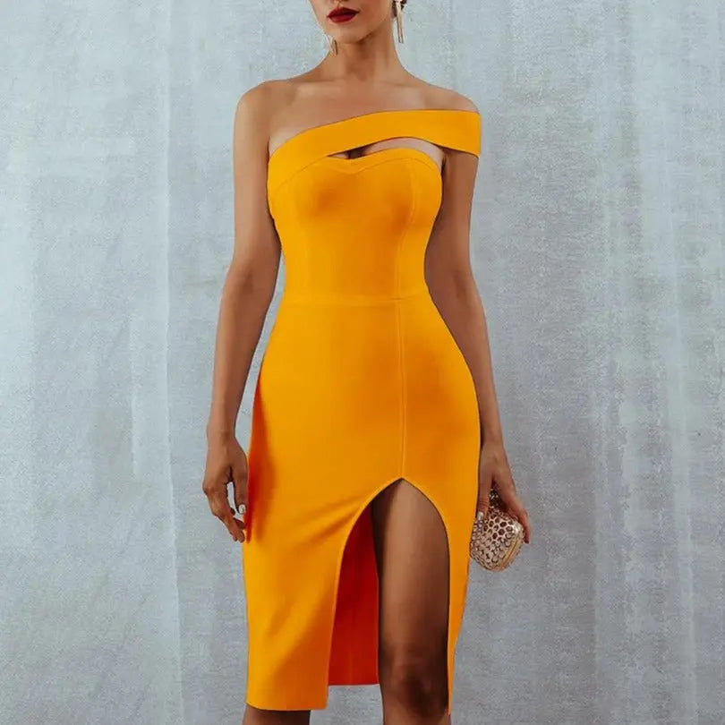 Bodycon Bandage Dress Women 2022 Summer Sexy Elegant Black One Shoulder Strapless Celebrity Runway Party Dress nowadaysfashion