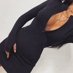 Bodycon Ribbed Dress Stand Collar Zipper Deep V-neck Solid Stretch Mini Vestido nowadaysfashion
