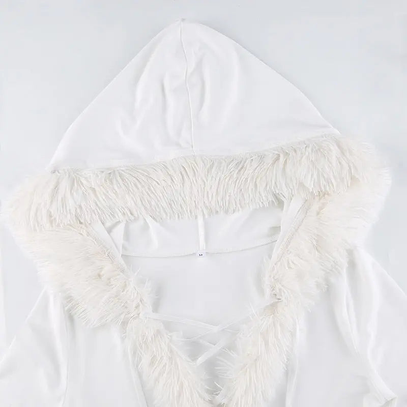 Furry White Bodycon Mini Dresses Women Autumn Long Sleeve Hooded V Neck Dress nowadaysfashion