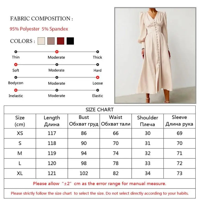 Single Breasted Dress High Waist Satin Long Dress V Neck Women Midi Dresses Lantern Sleeve nowadaysfashion