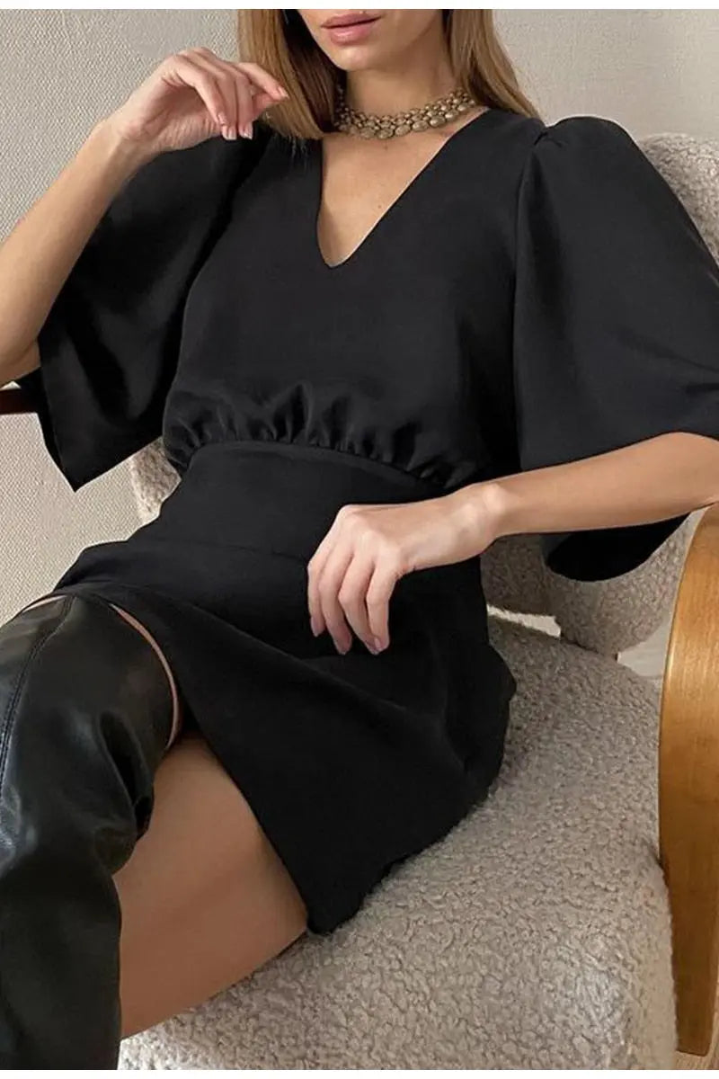 black short sleeve summer women dress 2022 Sexy V-neck solid High Street dress A-line mini Vestido nowadaysfashion