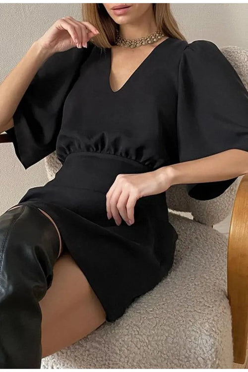 black short sleeve summer women dress 2022 Sexy V-neck solid High Street dress A-line mini Vestido nowadaysfashion
