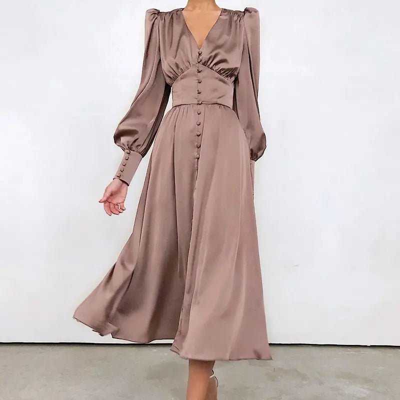 Single Breasted Dress High Waist Satin Long Dress V Neck Women Midi Dresses Lantern Sleeve nowadaysfashion