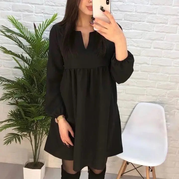 High Waist Mini Dress Long sleeve Sexy V-Neck Solid Color Party Lantern Sleeve Dress nowadaysfashion