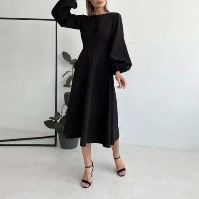 Sexy Backless Midi Long Dresses Lantern Sleeve O-Neck Autumn Folds A-Line For Women nowadaysfashion