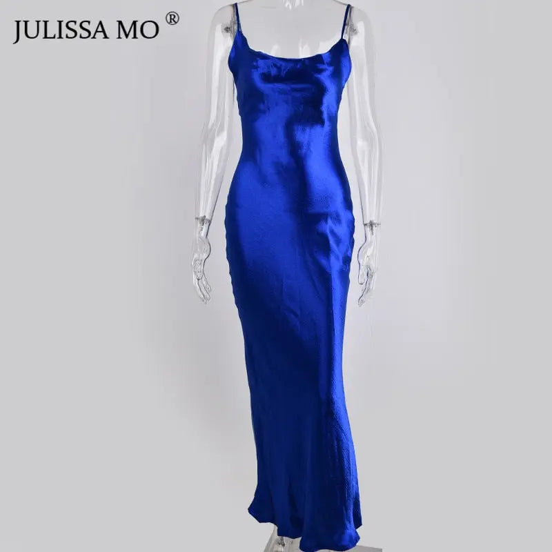 Spaghetti Strap Backless Summer Dress Women Satin Lace Up Trumpet Long Bodycon Dresses nowadaysfashion