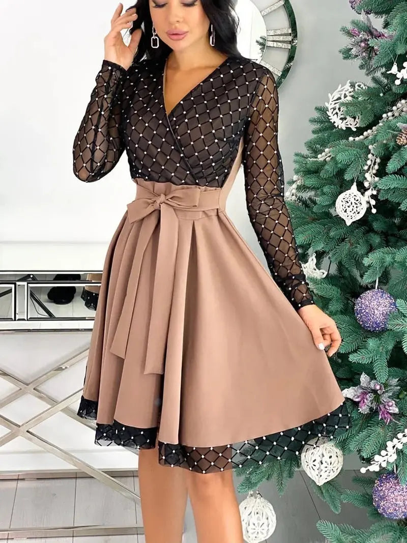 Shiny Sequin Diamond Mesh Stitching Dress Women Spring Autumn Sheer Long Sleeve Belted Slim A Line Dresses nowadaysfashion
