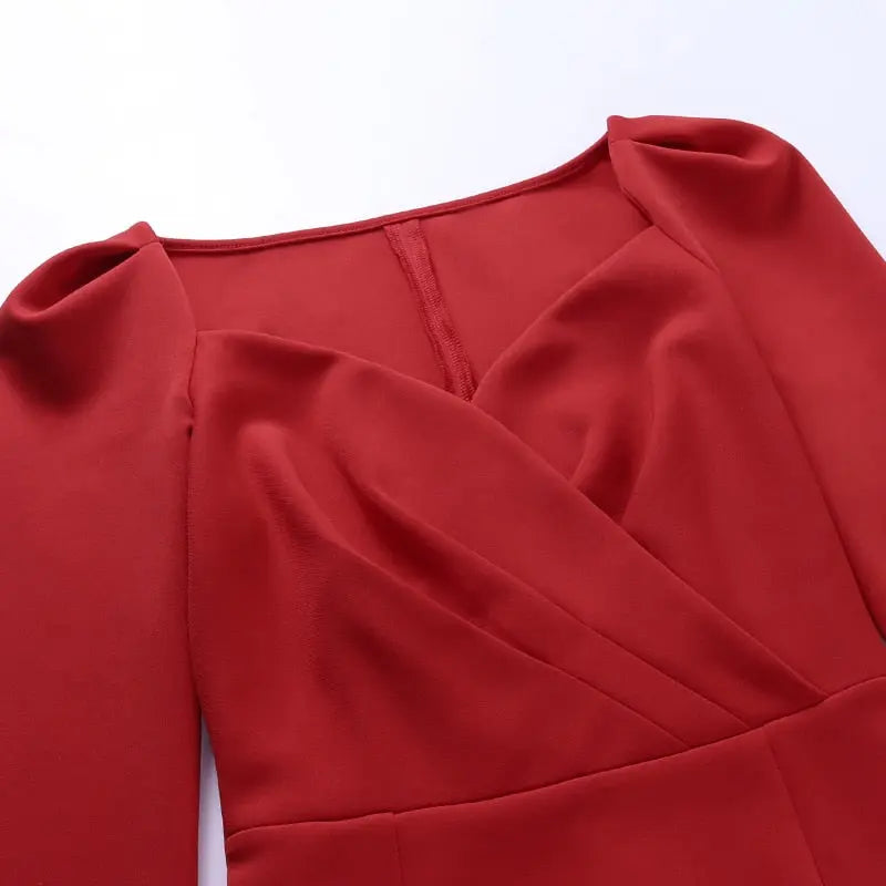 Slim V Neck Long Sleeve Mid Calf Pencil Dress 2022 Casual Office Lady Solid Red Puff Sleeve nowadaysfashion