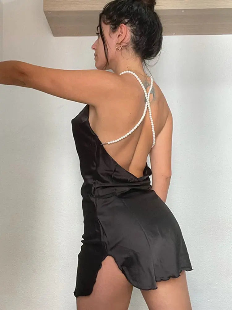 Silk Strap Mini Dresses Backless Solid Color Criss Front Pearl Sexy Summer Sexy Party nowadaysfashion