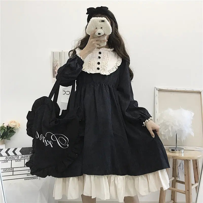 Japanese Style Women'S Dresses O-Neck High Waist Slimming Contrast-Color Ruffled Sweet Lolita Dress Kawaii nowadaysfashion