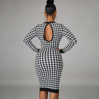 Houndstooth Print Women Long Sleeve Midi Dress Hollow Out Bodycon Streetwear nowadaysfashion