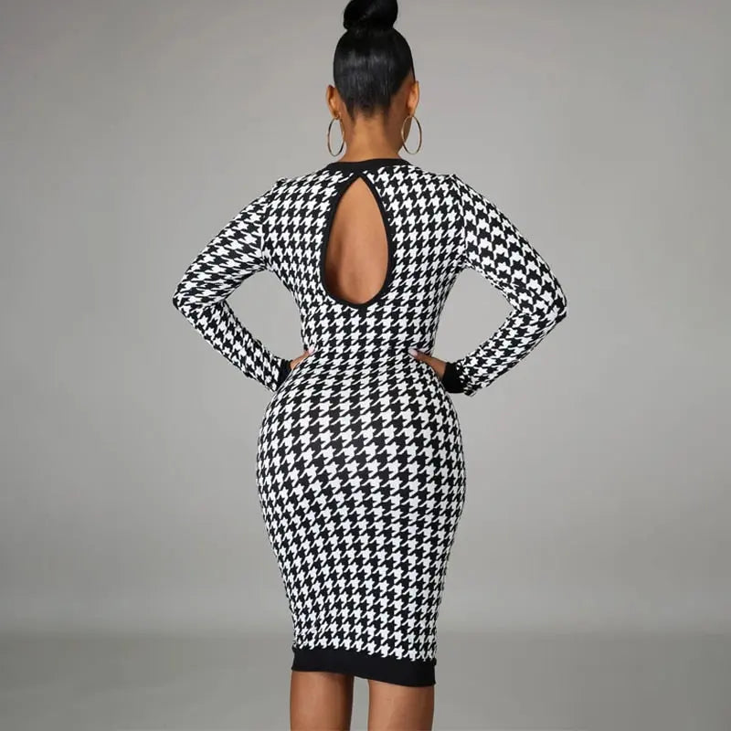 Houndstooth Print Women Long Sleeve Midi Dress Hollow Out Bodycon Streetwear nowadaysfashion
