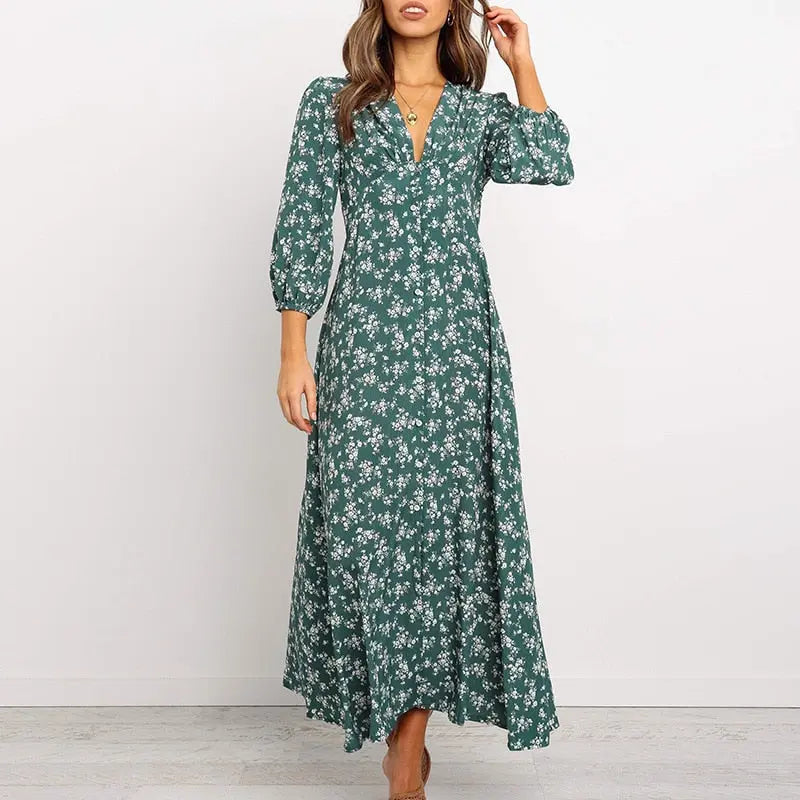 Women Chiffon Long Dress Floral Print Lantern Sleeve A-line Maxi Vestidos Vintage V Neck Dresses nowadaysfashion