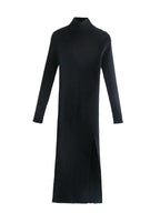Long Sleeves High-Neck Elastic Midi Dress Lady Knit Sweater Dresses nowadaysfashion