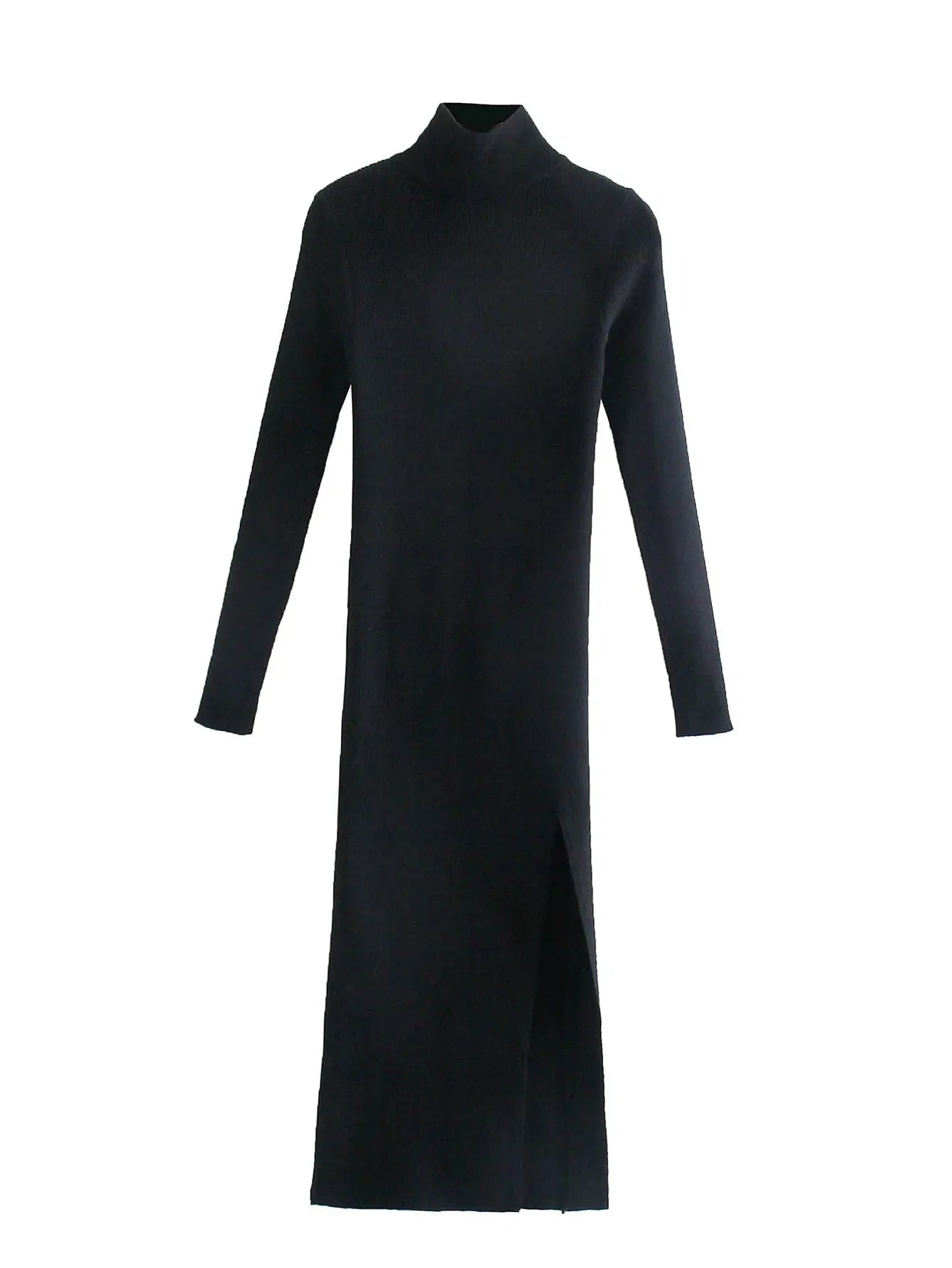 Long Sleeves High-Neck Elastic Midi Dress Lady Knit Sweater Dresses nowadaysfashion