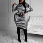 Houndstooth Print Women Long Sleeve Midi Dress Hollow Out Bodycon Streetwear nowadaysfashion