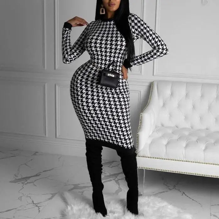 Houndstooth Print Women Long Sleeve Midi Dress Hollow Out Bodycon Streetwear nowadaysfashion