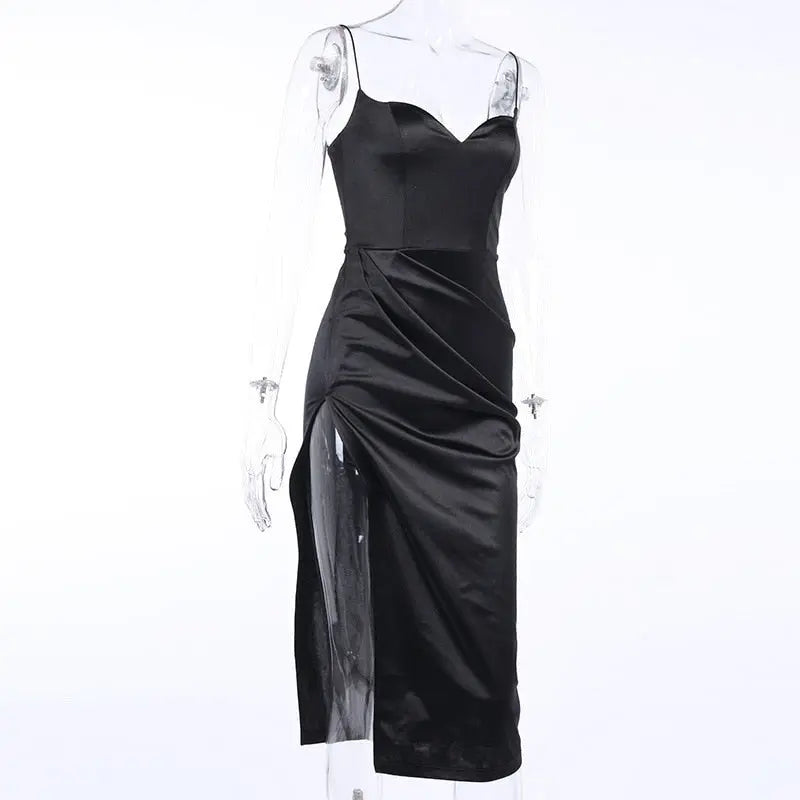 Satin Spaghetti Straps Low Cut Long Dress Women Summer Ruched Side High Split Maxi Dress nowadaysfashion