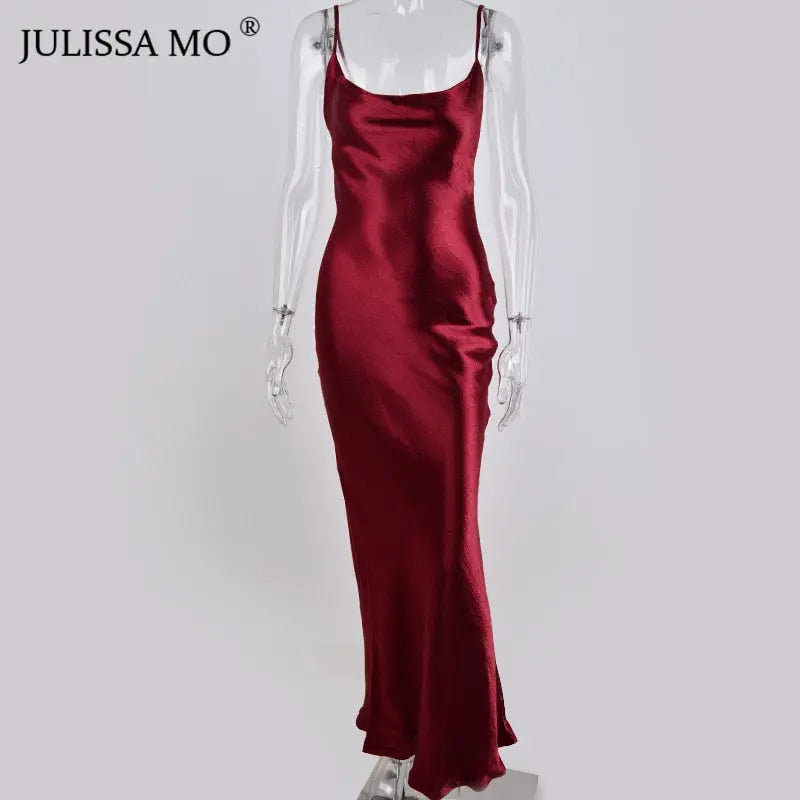 Spaghetti Strap Backless Summer Dress Women Satin Lace Up Trumpet Long Bodycon Dresses nowadaysfashion