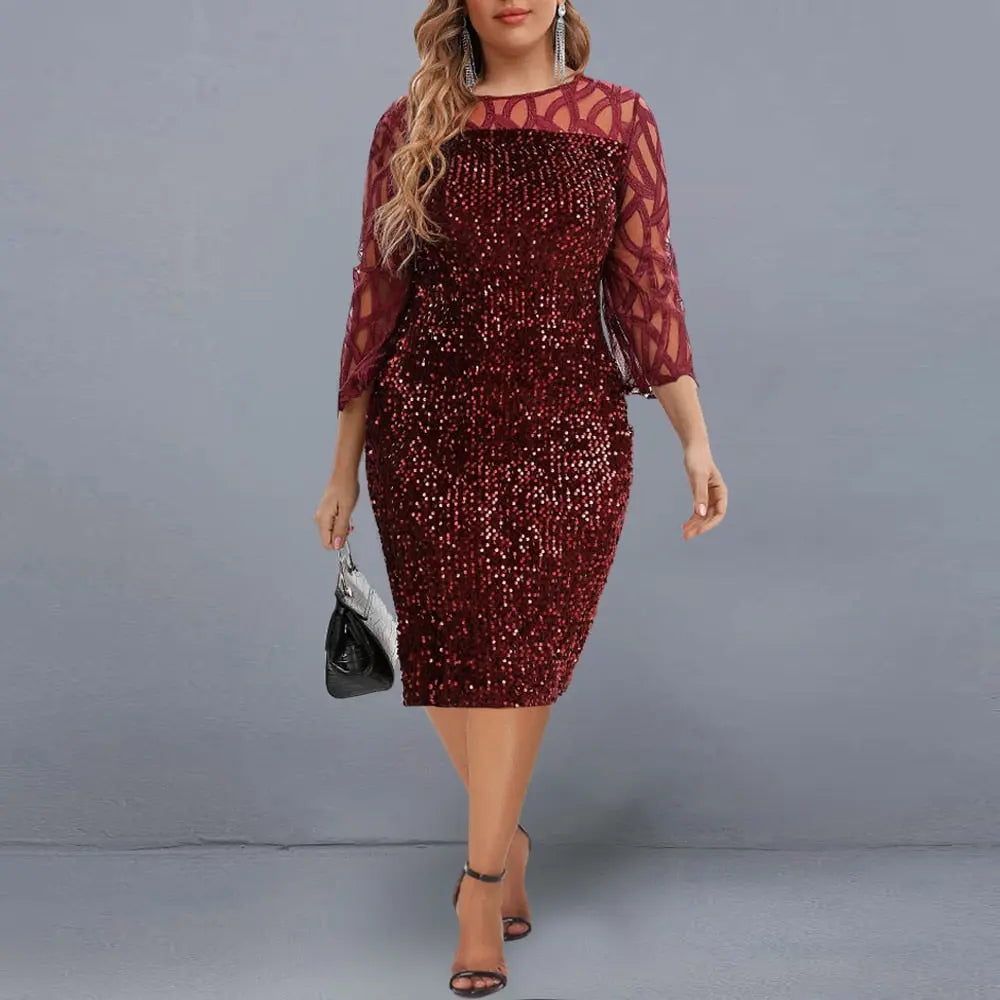 Elegant Sequin Evening Party Dresses 2022 Spring Mesh Patchwork Casual Midi Dress nowadaysfashion