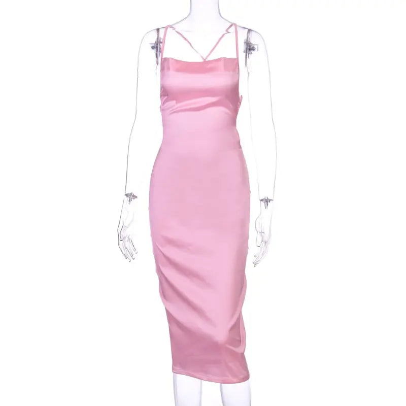 neon satin lace up 2022 summer women bodycon long midi dress sleeveless backless elegant party nowadaysfashion